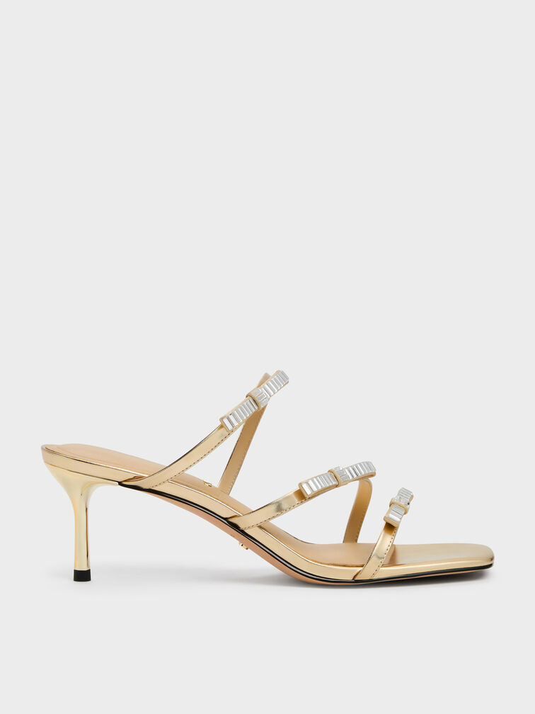Jessy Leather Gem-Bow Heeled Sandals, Gold, hi-res