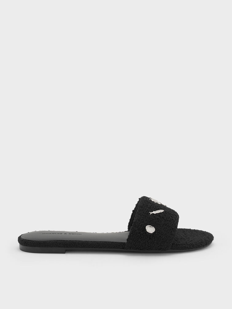 Tweed Beach Slide Sandals, Black Textured, hi-res