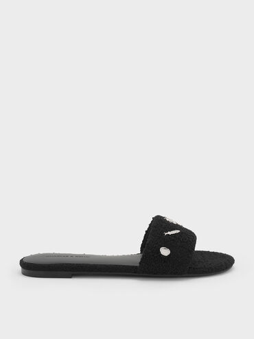 Tweed Beach Slide Sandals, Black Textured, hi-res