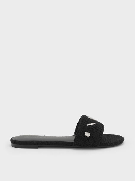 Tweed Beach Slide Sandals, Black Textured, hi-res