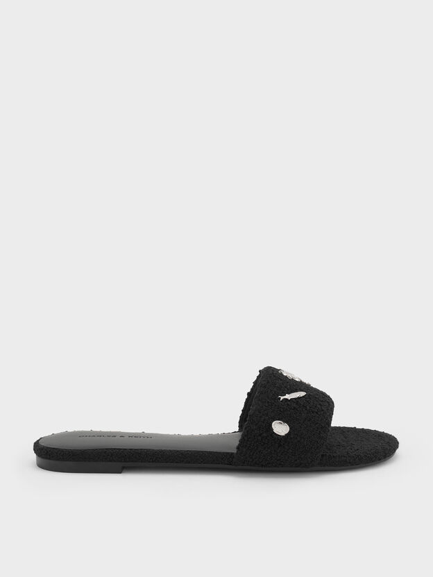 Tweed Beach Slide Sandals, Black Textured, hi-res