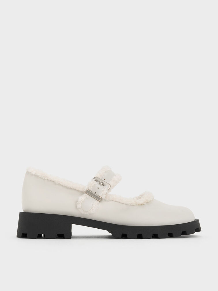 Fur-Trim Buckled Mary Janes, Chalk, hi-res