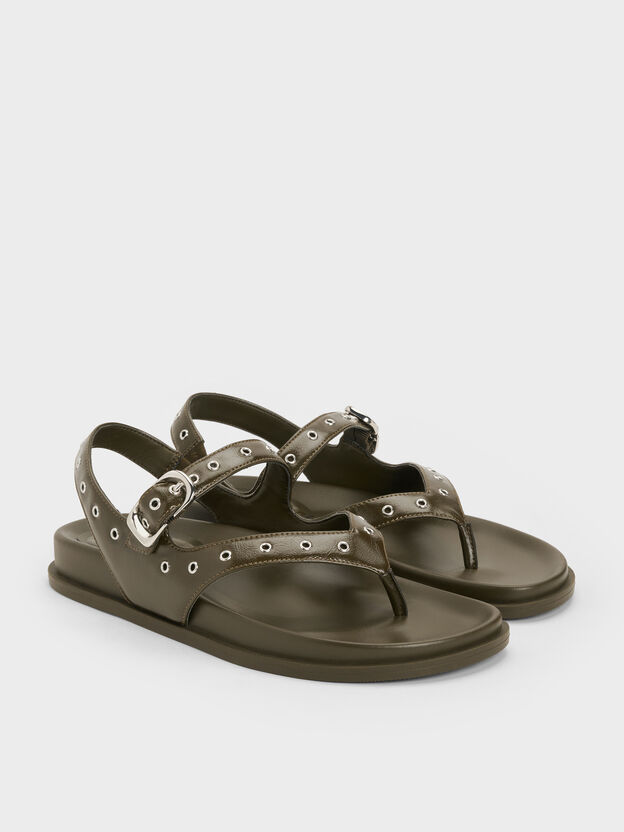Grommet Thong Slingback Sandals, Olive, hi-res