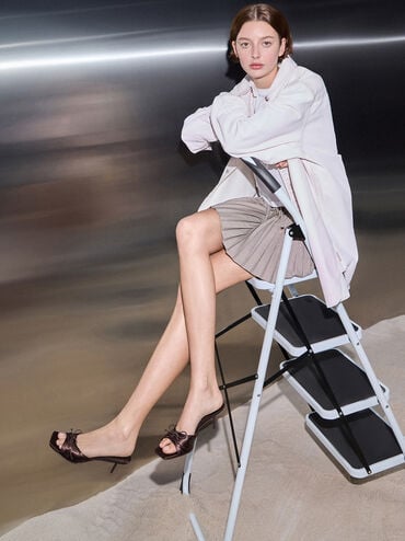 Sadira Satin Ruched Bow Heeled Mules, Dark Brown, hi-res