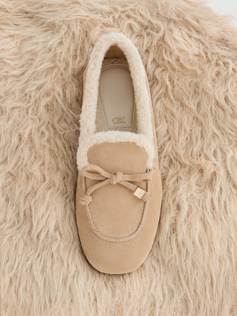 Gavyn Suede Shearling-Lined Boat Shoes, Beige, hi-res