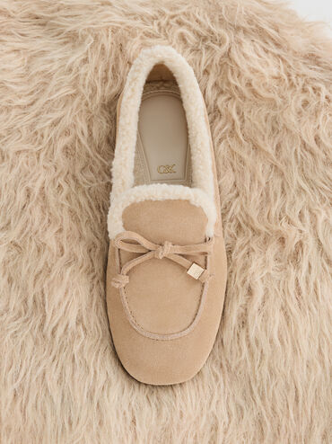 Gavyn Suede Shearling-Lined Boat Shoes, Beige, hi-res