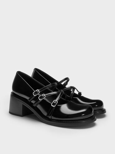 Triple-Strap Crossover Block-Heel Mary Janes, Black Box, hi-res