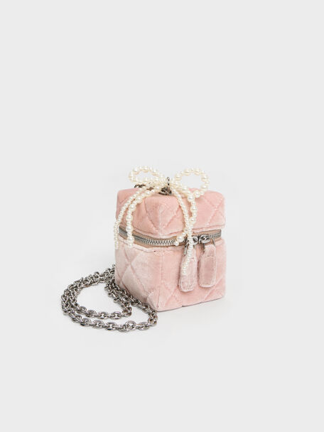 Janie Velvet Quilted Pearl-Bow Micro Bag, Pink, hi-res