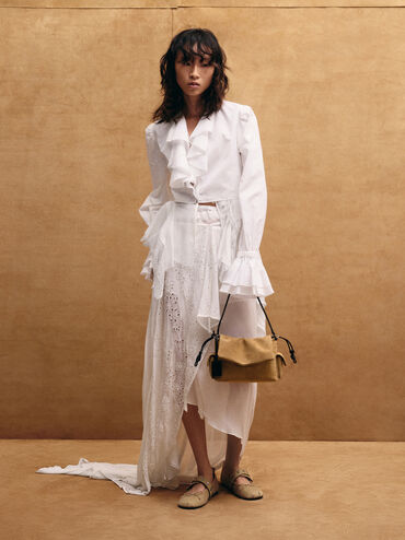 Khai Recycled Suede Ruched-Flap Side-Pocket Top Handle Bag, Sahara Sand, hi-res