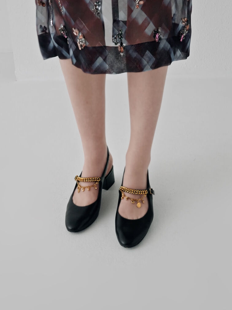 Double-Chain Charm Mary Jane Slingback Pumps, Black, hi-res