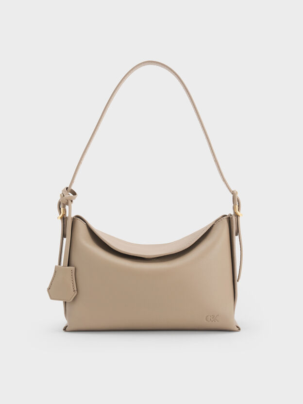 Leather Top-Flap Hobo Bag, Taupe, hi-res
