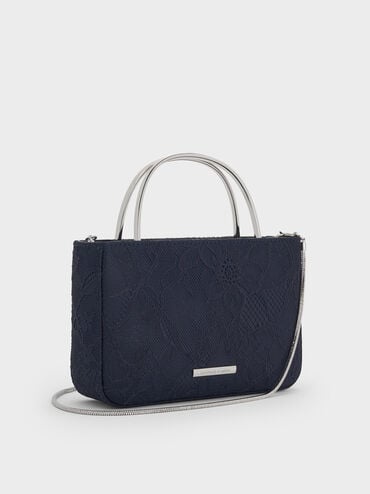 Jennis Lace & Satin Top Handle Bag, Dark Blue Textured, hi-res