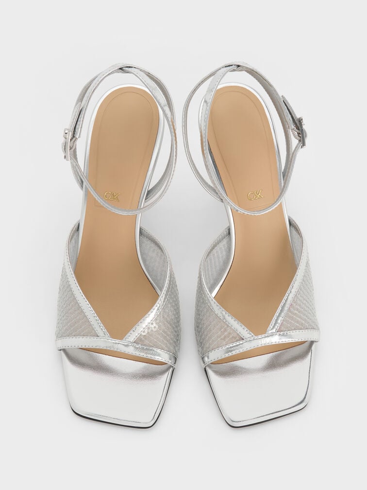 Sequin Mesh & Leather Ankle-Strap Heeled Sandals, Silver, hi-res