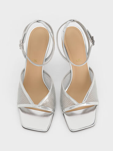 Sequin Mesh & Leather Ankle-Strap Heeled Sandals, Silver, hi-res