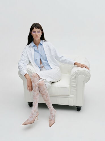 Lace & Satin Slingback Pumps, Nude, hi-res