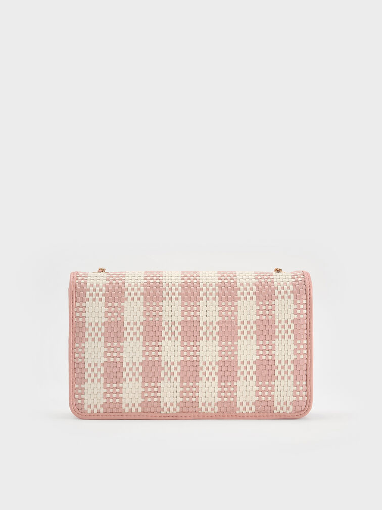 Alessia Checkered Pearl-Embellished Wallet on Chain, Light Pink, hi-res