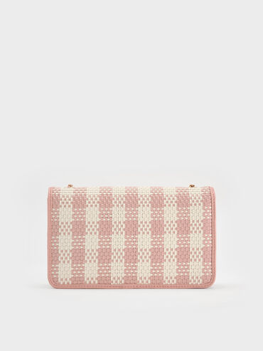 Alessia Checkered Pearl-Embellished Wallet on Chain, Light Pink, hi-res
