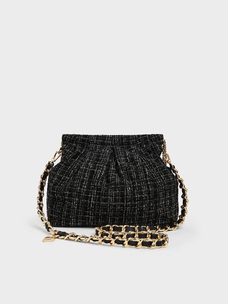 Duo Tweed Double-Chain Hobo Bag, Black Tweed, hi-res