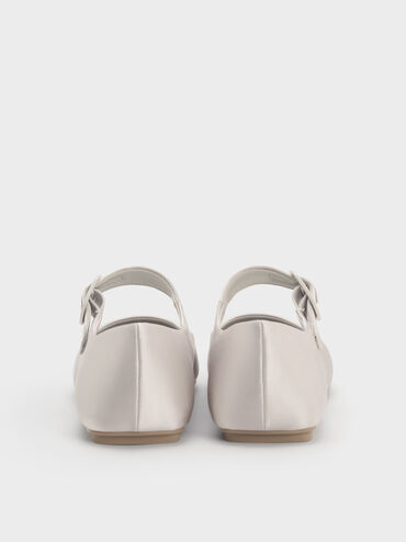 Satin Buckled Square-Toe Mary Jane Flats, Light Grey, hi-res