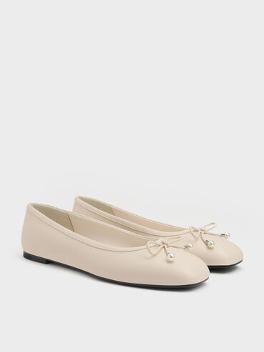 Barbara Pearl-Embellished Bow Ballet Flats, Chalk, hi-res