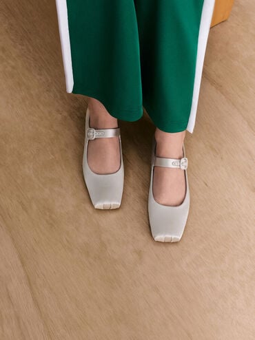 Satin Buckled Square-Toe Mary Jane Flats, Light Grey, hi-res