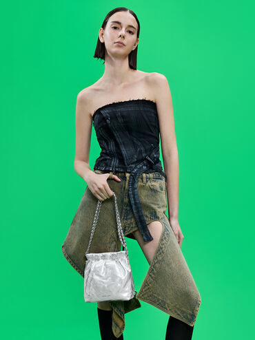 Duo Metallic Chain-Handle Two-Way Backpack, Silver, hi-res