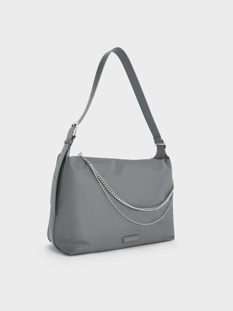 Nylon Chain-Link Slouchy Shoulder Bag, Grey, hi-res
