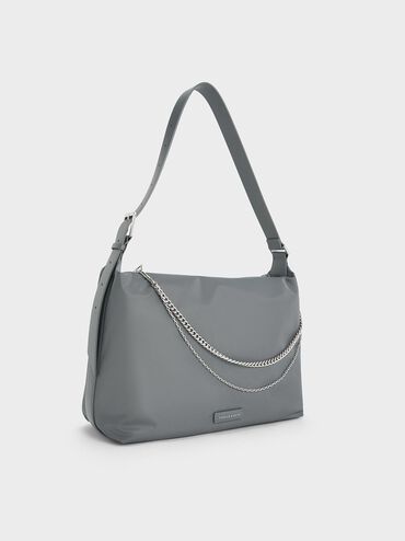 Nylon Chain-Link Slouchy Shoulder Bag, Grey, hi-res