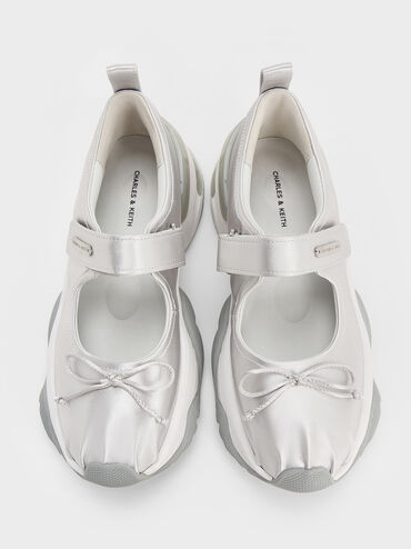 Satin Bow Two-Tone Mary Jane Sneakers, Silver, hi-res