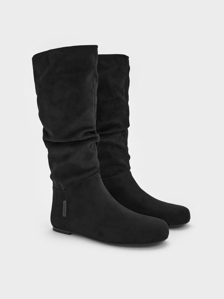 Faux Suede Ruched Knee-High Boots, Black Textured, hi-res