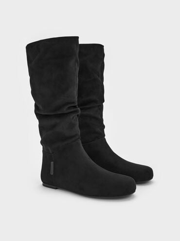 Faux Suede Ruched Knee-High Boots, Black Textured, hi-res