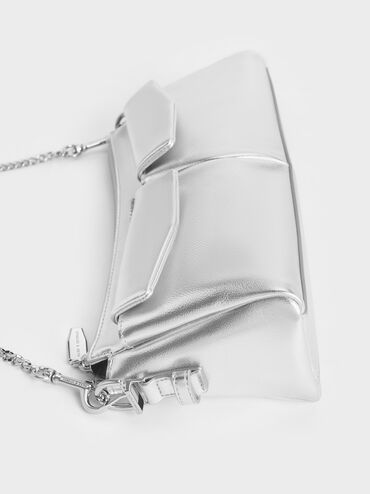 Rachel Elongated Front-Pocket Chain-Handle Bag, Silver, hi-res