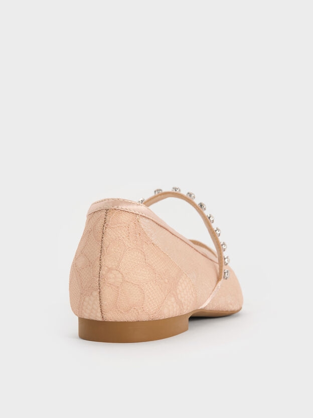 Lace & Satin Crystal Mary Jane Flats, Nude, hi-res
