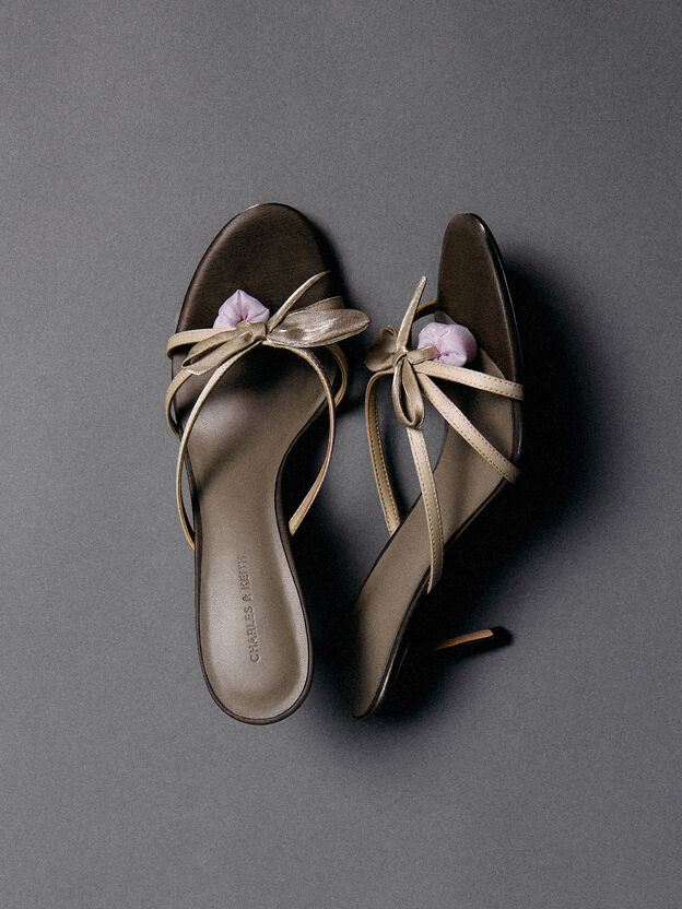 Bow Flower-Pearl Heeled Mules, Dark Brown Textured, hi-res