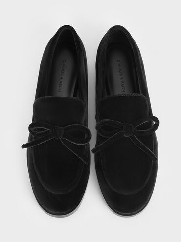 Velvet Bow Loafers, Black Textured, hi-res