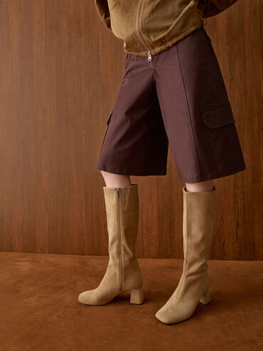 Faux Suede Square-Toe Knee-High Boots, Sand, hi-res