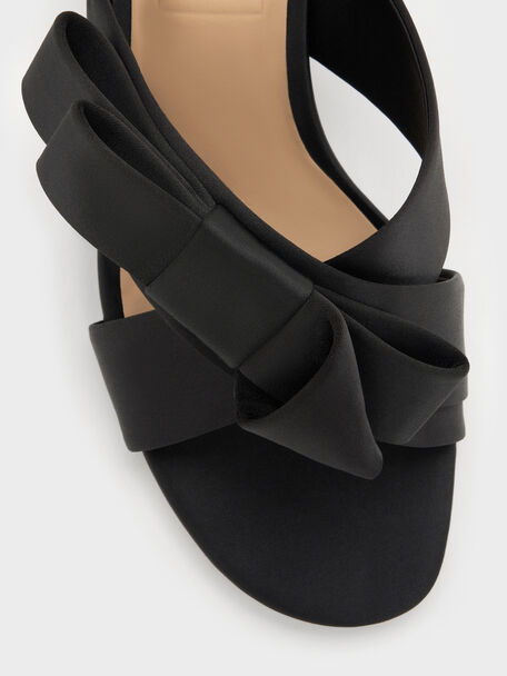 Pleated-Bow Heeled Mules, Black Textured, hi-res