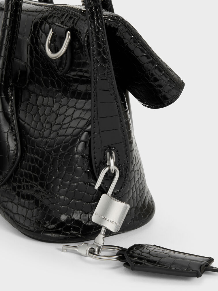 Aveline Croc-Effect Front-Flap Crossbody Bag, Black Croco, hi-res