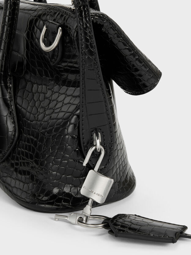 Aveline Croc-Effect Front-Flap Crossbody Bag, Black Croco, hi-res