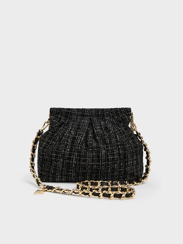 Duo Tweed Double-Chain Hobo Bag, Black Tweed, hi-res