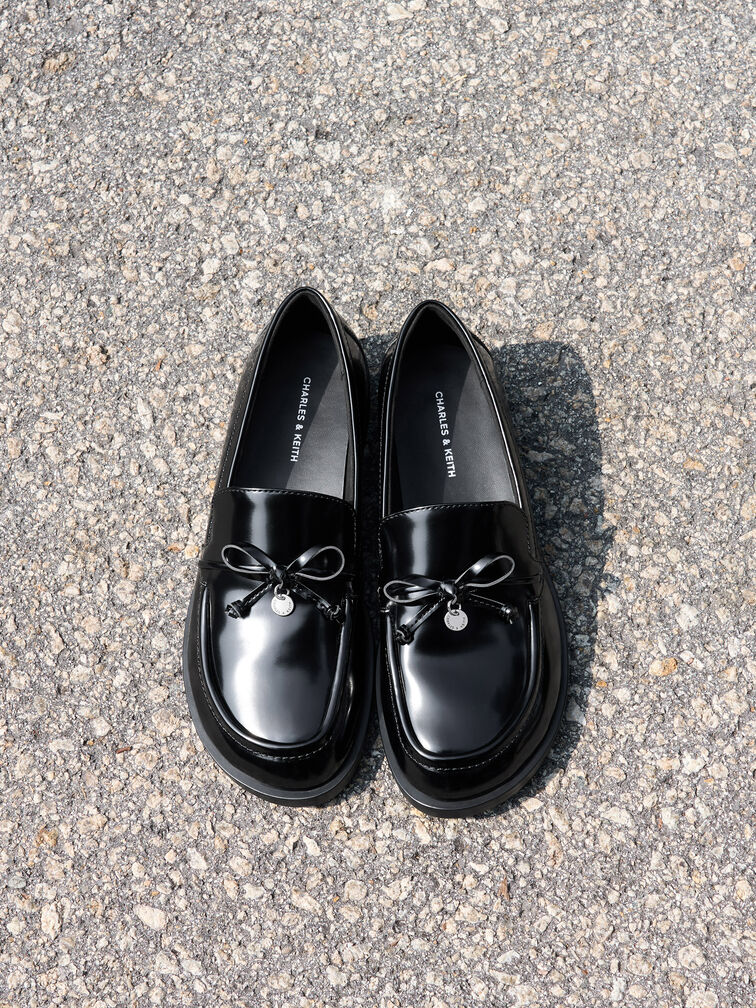 Circle-Charm Bow Loafers, Black Box, hi-res