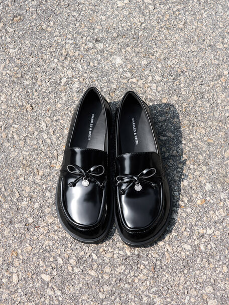 Circle-Charm Bow Loafers, Black Box, hi-res