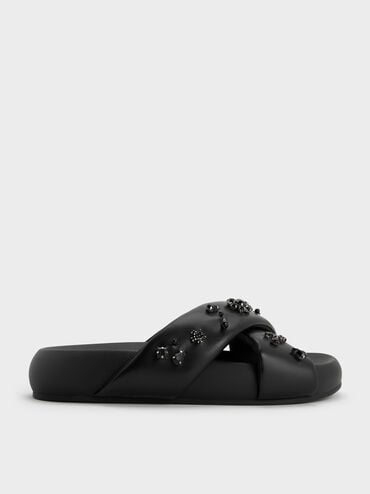 Gem & Pearl Flatform Sandals, Black, hi-res