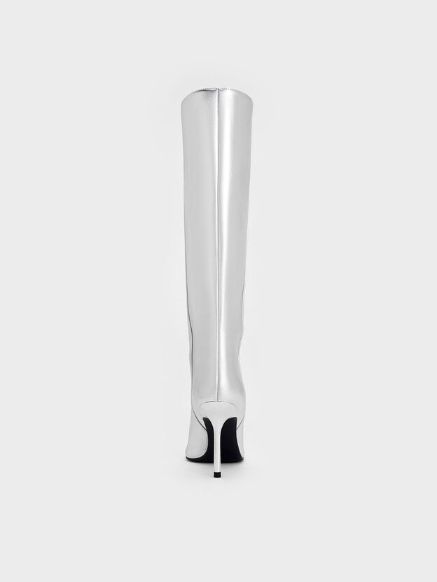 Metallic Pointed Stiletto Knee-High Boots, Silver, hi-res