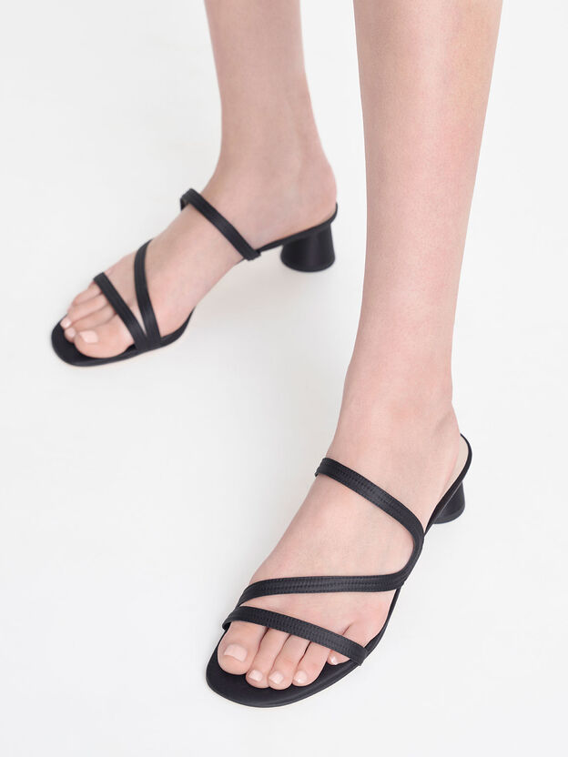 Arden Satin Wavy Strap Mules, Black, hi-res