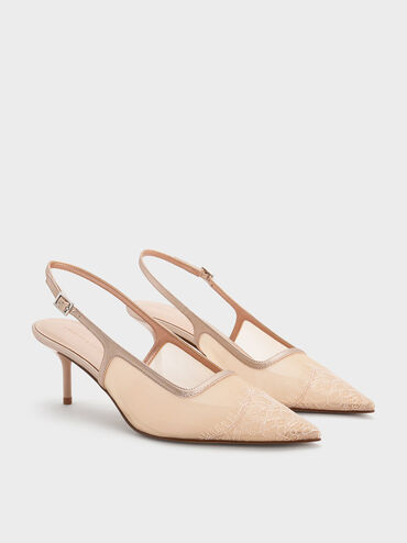 Mesh & Lace Pointed-Toe Slingback Pumps, Nude, hi-res