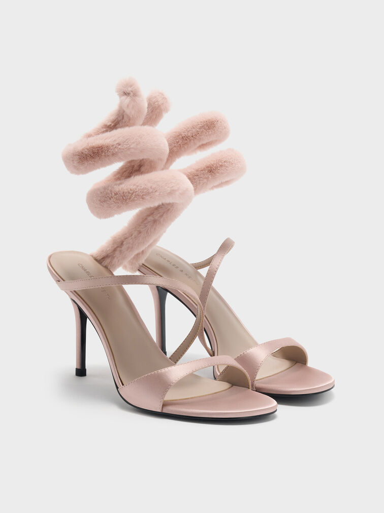Emila Furry Wraparound Heeled Sandals, Light Pink, hi-res