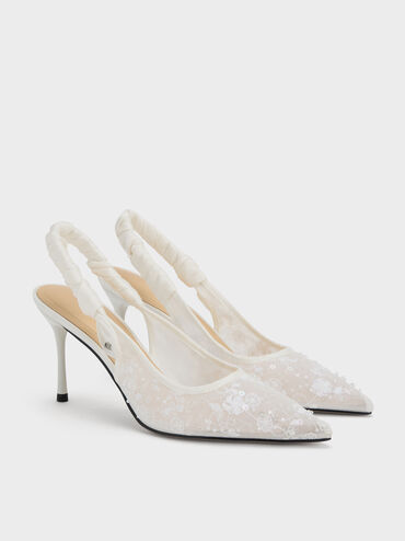Tayari Embroidered-Mesh Slingback Pumps, White, hi-res