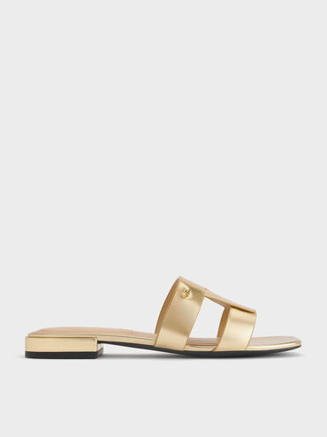 Petina Metallic Leather Slide Sandals, Gold, hi-res