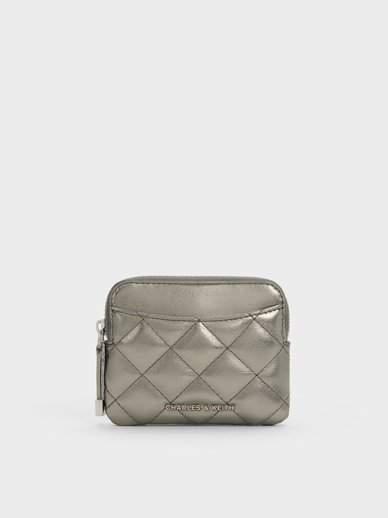 Alva Metallic Quilted Top-Zip Card Holder, Pewter, hi-res